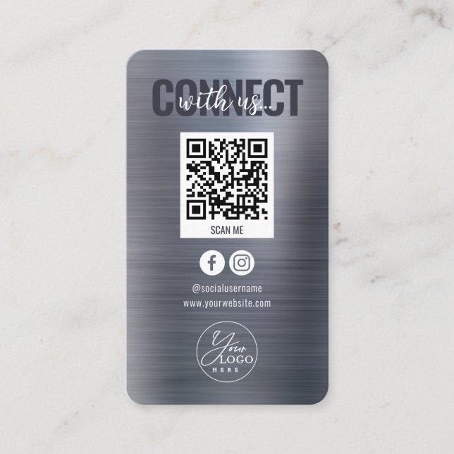 Metallic Gray Connect With Us Social Media QR Code Business Card (Front)