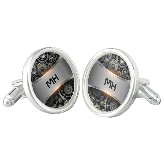 Metallic gray geometric masculine design cufflinks (Angled)