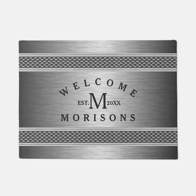 Metallic Gray Geometric Stripes Modern Design Doormat (Front)