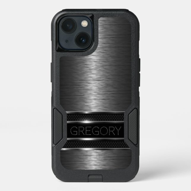 Metallic Gray Geometric Stripes & Monogram 6 Edge Otterbox iPhone Case (Back)