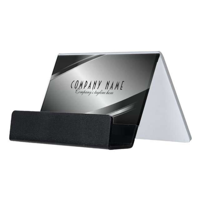 Metallic Gray Modern Geometric Design Desk Business Card Holder (Angled Front)