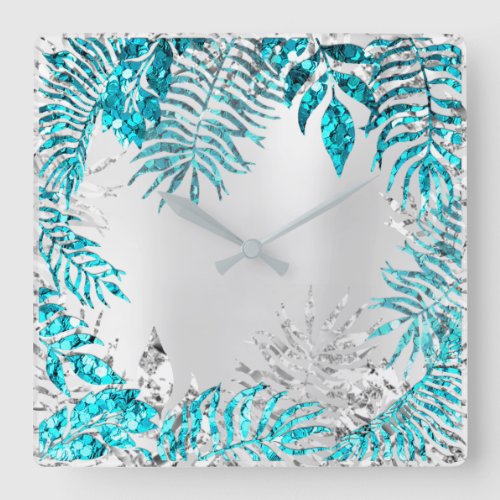 Metallic Gray Palm Botanic Floral Blue Ocean Square Wall Clock