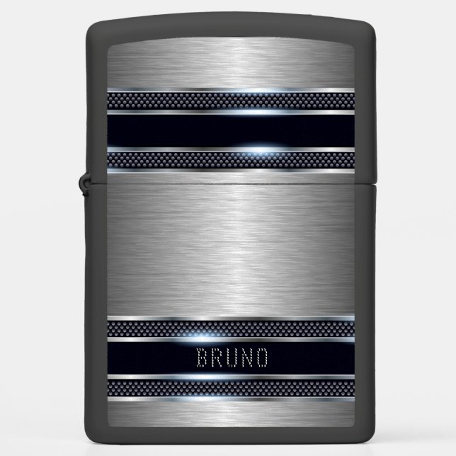 Metallic gray texture black industrial stripes  zippo lighter (Front)