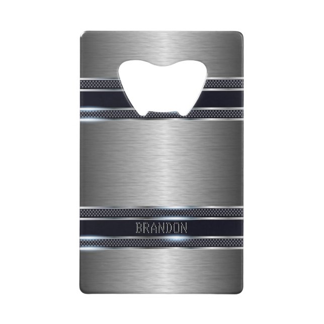 Metallic gray texture industrial geometric design credit card bottle opener (Front)