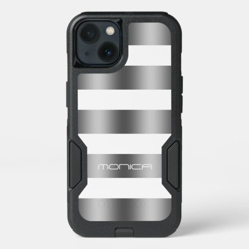 Metallic Gray  White Stripes Pattern iPhone 13 Case