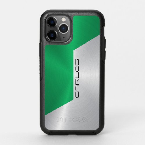 Metallic green and silver brushed aluminum look OtterBox symmetry iPhone 11 pro case