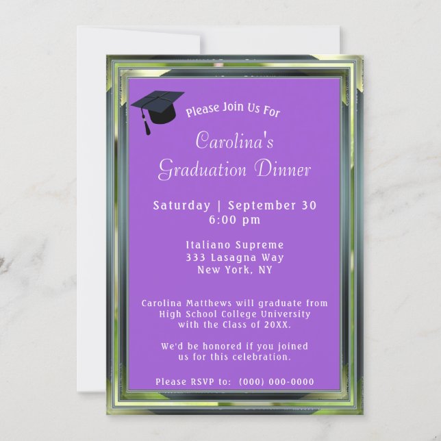 Metallic Green Frame Purple Dinner Cap Graduation Invitation (Front)