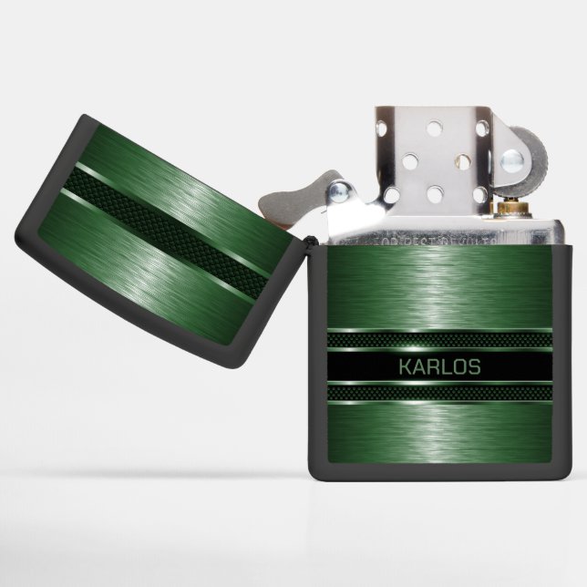 Metallic Green Print Geometric Design Zippo Lighter (Opened)