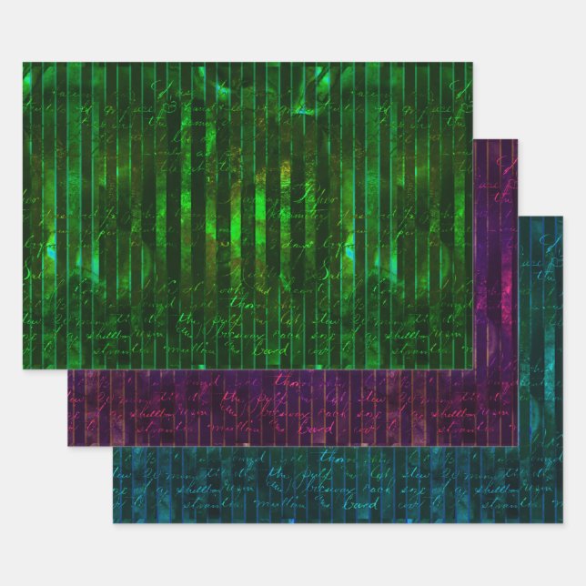 Metallic Green Purple Turquoise Stripes Script Wrapping Paper Sheets (Set)