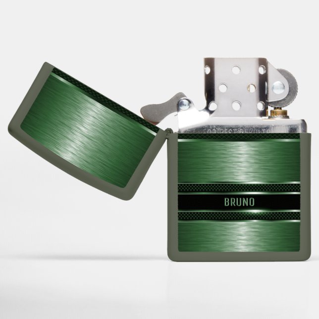 Metallic green texture black industrial stripes  zippo lighter (Open)