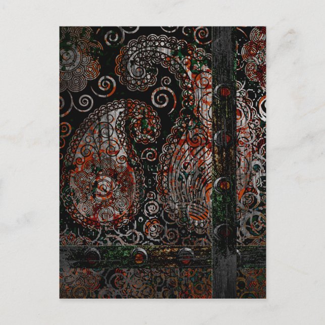 Metallic Grunge Paisley Red Rust Gray with Rivets Postcard (Front)