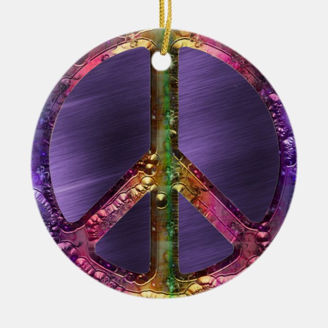 Metallic Grunge Purple Peace Sign Christmas Decor Ceramic Ornament (Front)