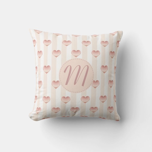 Metallic Hearts & Stripes Girly Monogram Throw Pillow (Front)