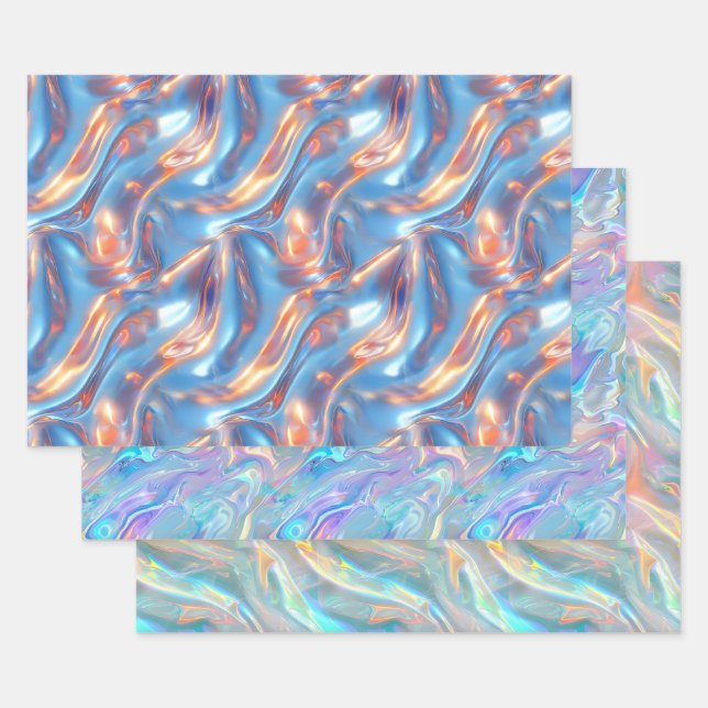 Metallic Holographic Pattern Blue Purple Girly Wrapping Paper Sheets (Set)