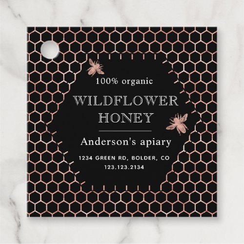 metallic honeycomb rose gold monogram honey jar favor tags