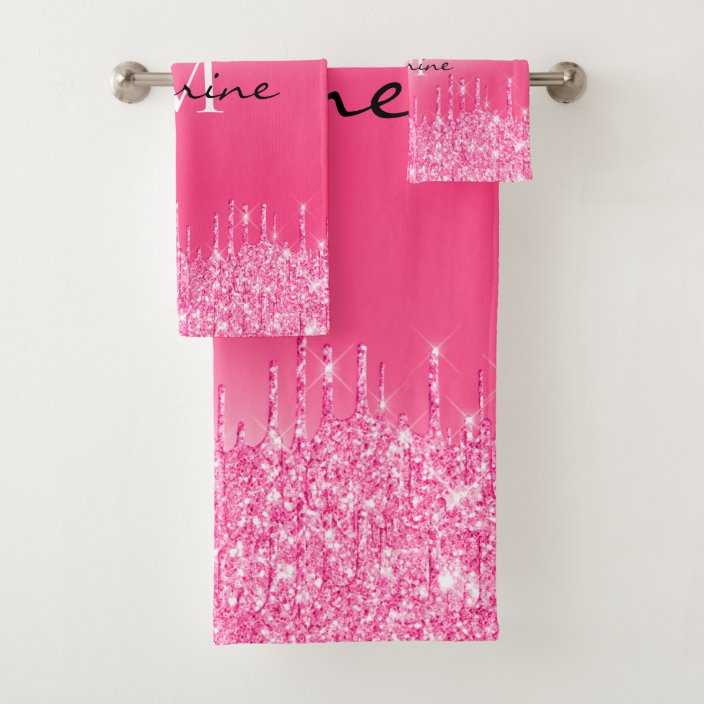 Metallic Hot Pink Dripping Glitter Monogrammed Bath Towel Set