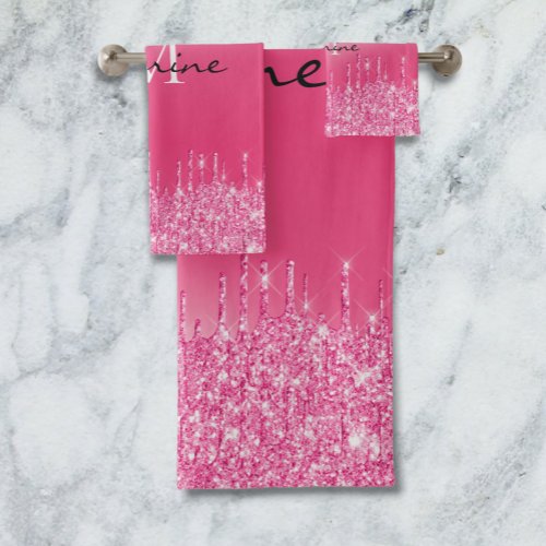 Metallic Hot Pink Dripping Glitter Monogrammed Bath Towel Set