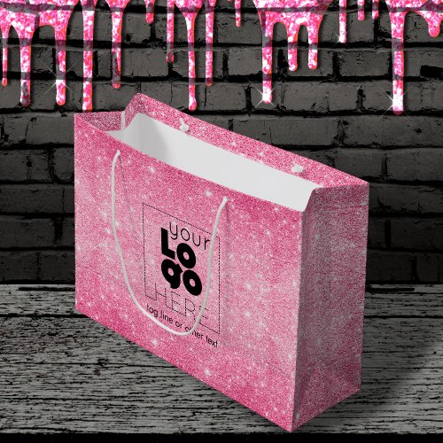 Metallic Hot Pink Glitter Logo Paper Shopping Bag