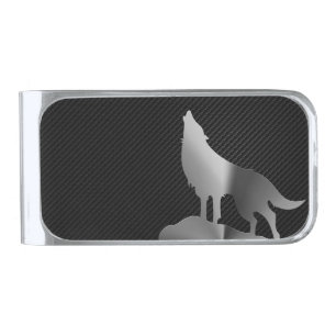 Metallic howling wolf with carbon fiber silver finish money clip