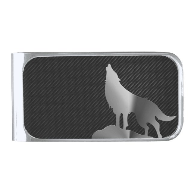 Metallic howling wolf with carbon fiber silver finish money clip (Front)