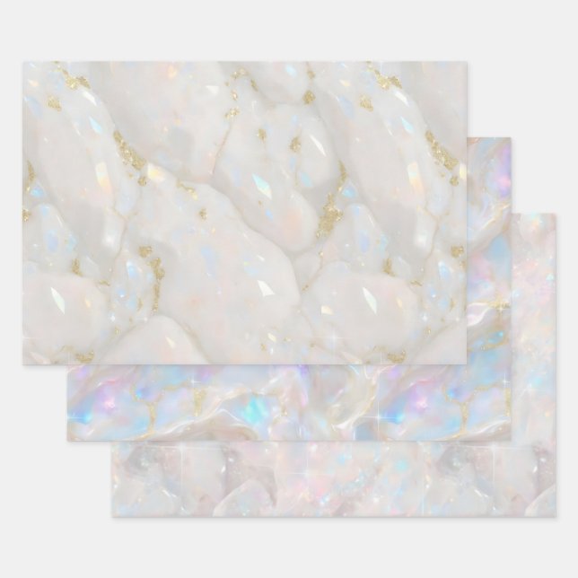 Metallic Iridescent Opal Gemstone Crystal Elegant Wrapping Paper Sheets (Set)