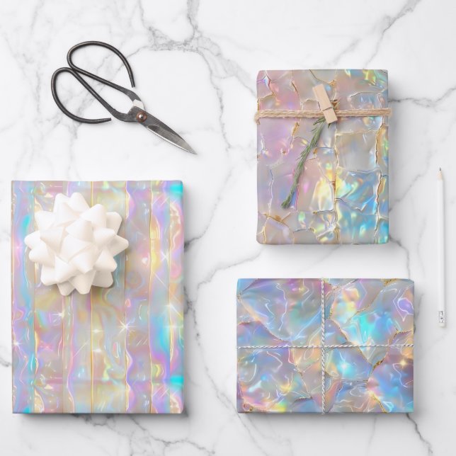 Metallic Iridescent Rainbow Holographic Girly Wrapping Paper Sheets (Front)