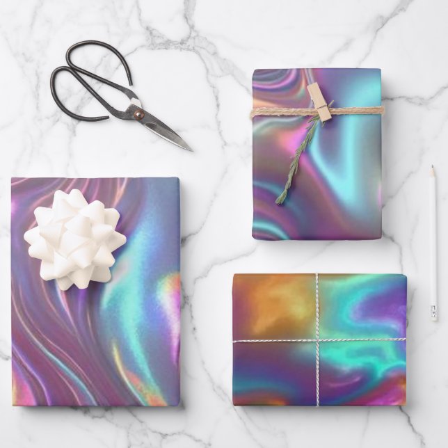 Metallic Iridescent Rainbow Pink Aqua Purple  Wrapping Paper Sheets (Front)