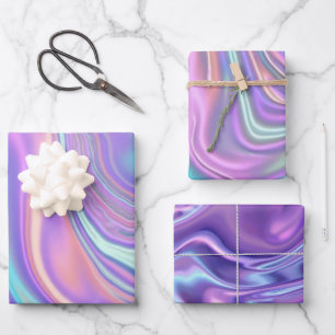 Metallic Iridescent Rainbow Pink Aqua Purple Wrapping Paper Sheets