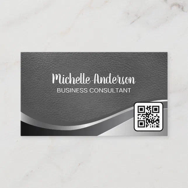 Metallic Leather | Emboss Lettering | Qr code Business Card | Zazzle