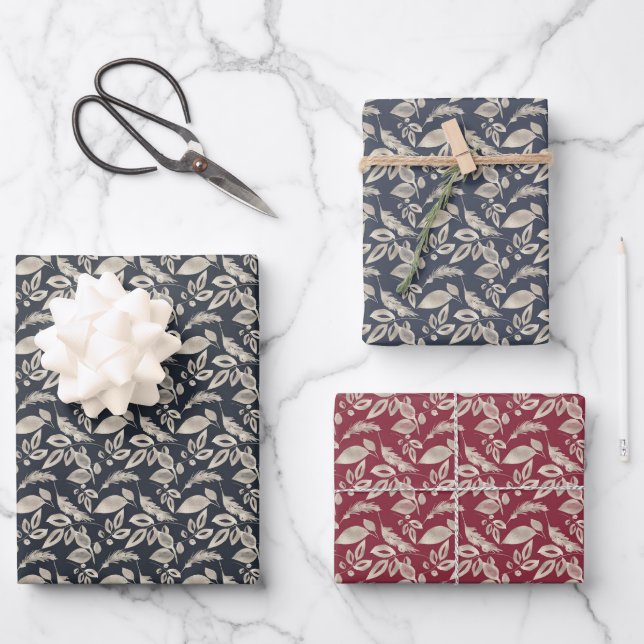 Metallic Leaves on Black Blue and Red Wrapping Paper Sheets (Front)
