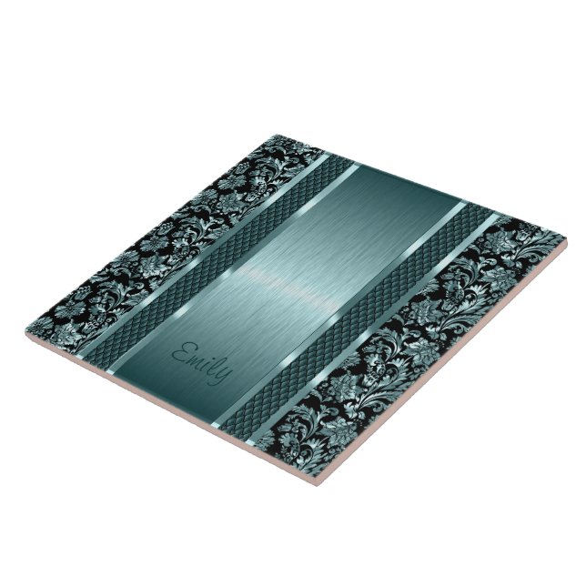 Metallic Light Green Vintage Floral Damasks Tile (Side)