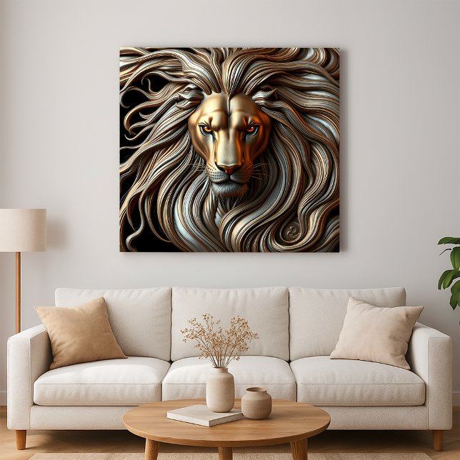 Metallic Lion Head with Fiery Eyes and Gold Mane Canvas Print (Creator Uploaded)