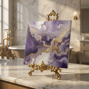 Metallic Liquid Art Purple & Gold Marble Agate Ceramic Tile