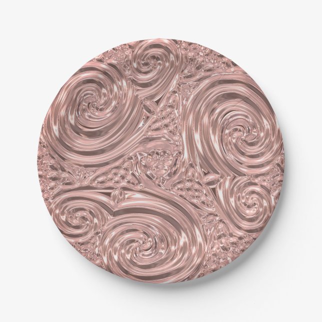 Metallic look rose gold pink abstract art nouveau  paper plates (Front)