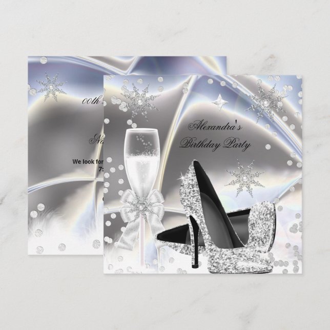 Metallic look Silver Champagne High Heels Birthday Invitation (Front/Back)