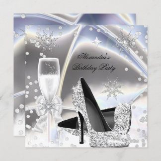 Metallic look Silver Champagne High Heels Birthday Invitation