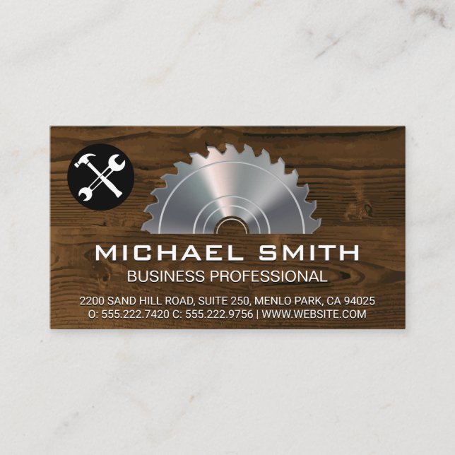 Metallic Lumber Saw | Wood Background | Tools Business Card (Front)