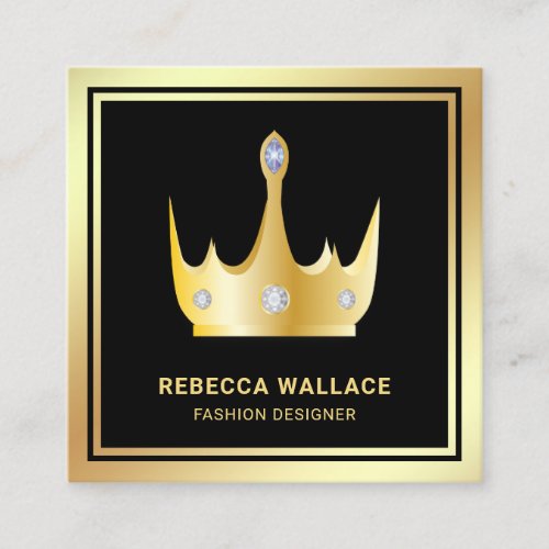 Metallic Luxurious Black Faux Gold Foil Crown Square Business Card