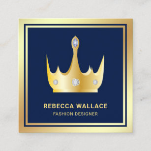 Metallic Luxurious Blue Faux Gold Foil Crown Square Business Card