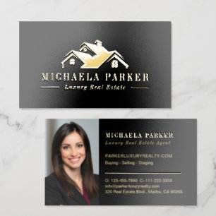 Metallic Luxury Real Estate Agent Black Gold Foil Business Cards