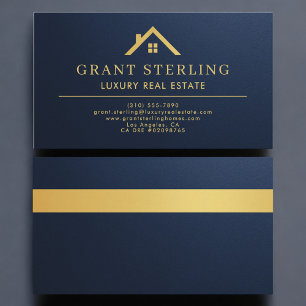Metallic Luxury Real Estate Agent Navy Blue Gold Business Card