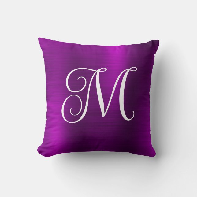 Metallic Magenta Purple Curly Monogram Throw Pillow (Front)