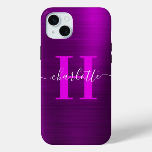 Metallic Magenta Purple Signature Monogram iPhone 15 Plus Case