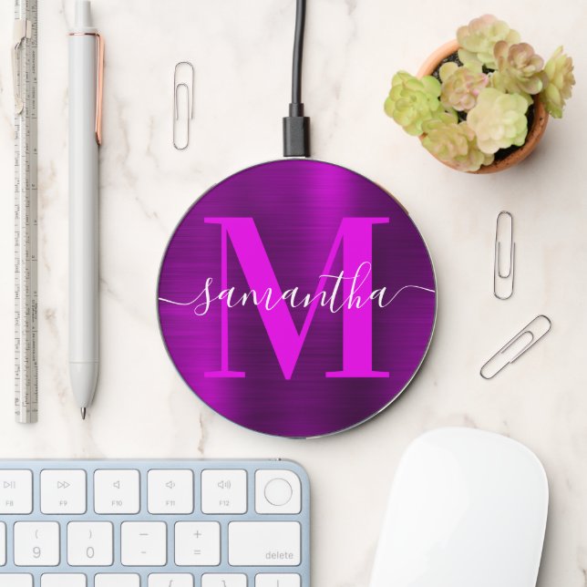 Metallic Magenta Purple Signature Monogram Wireless Charger (Desk)