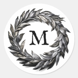 Metallic Masculine Wreath With Your Monogram Classic Round Sticker