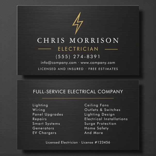 Metallic Minimal Electrician Black Gold Business Card (Creator Uploaded)