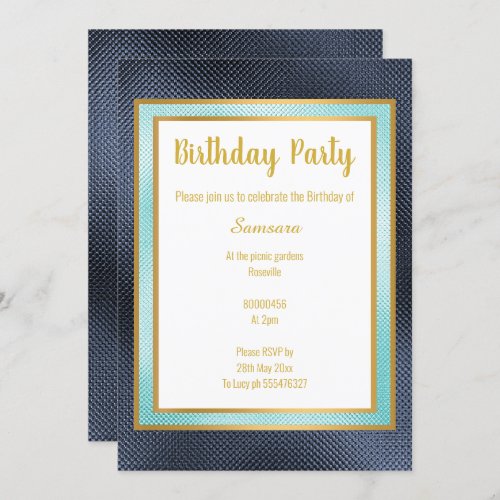 METALLIC NAVY AQUA GOLD LAYERED EMBOSSED BIRTHDAY INVITATION