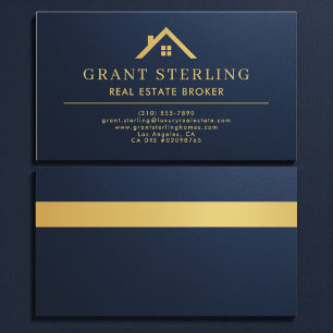 Metallic Navy Blue Gold House Real Estate Broker Business Card