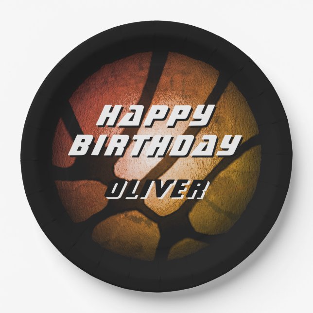 Metallic Orange Basketball Ball Birthday Paper Plates (Front)