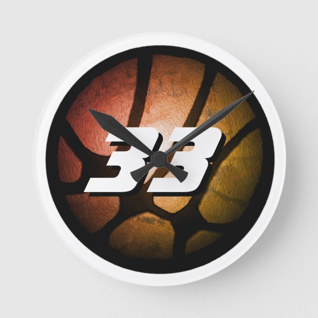 Metallic Orange Basketball Ball Player Number Round Clock (Front)